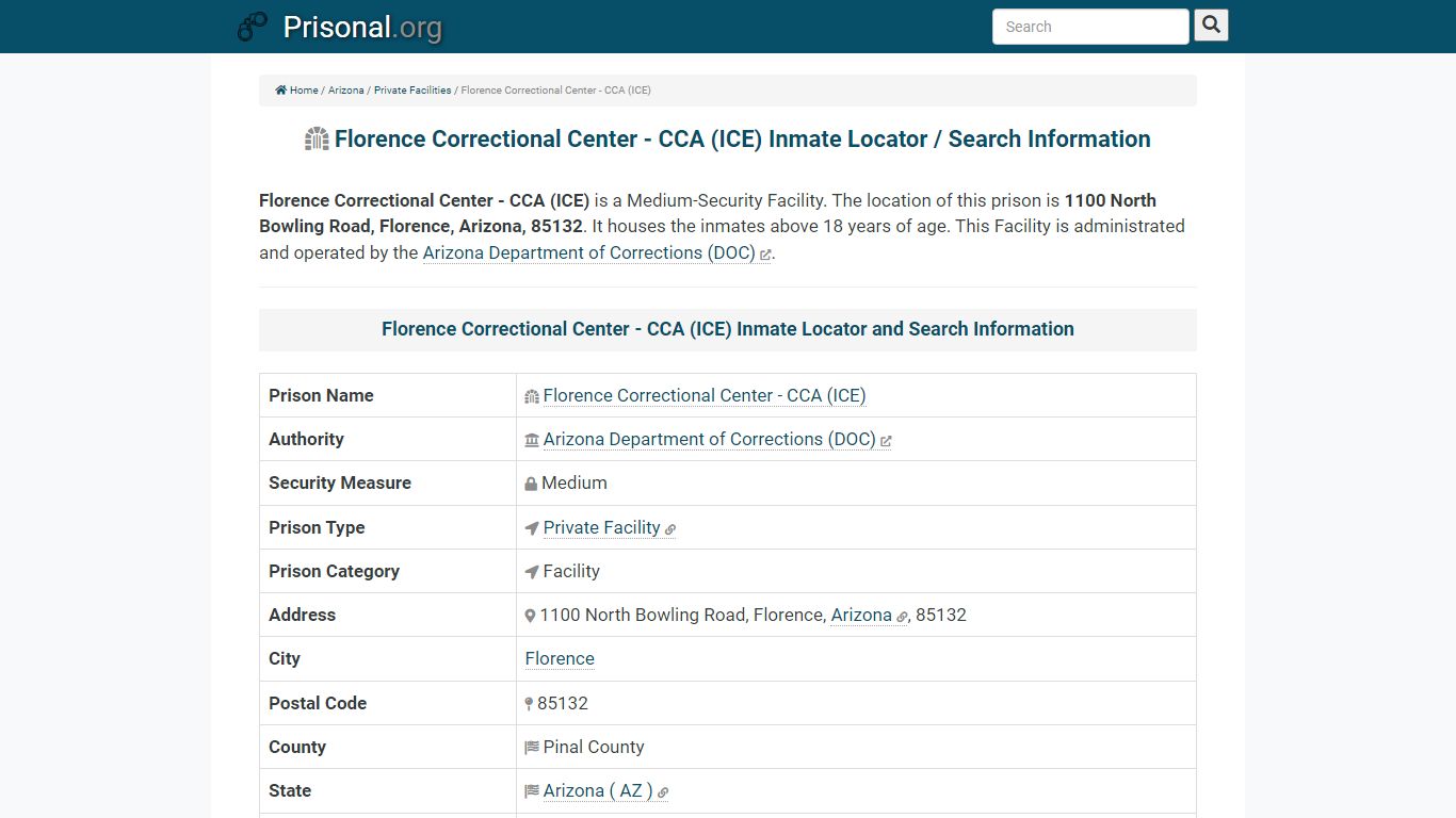 Florence Correctional Center - CCA (ICE)-Inmate Locator ...